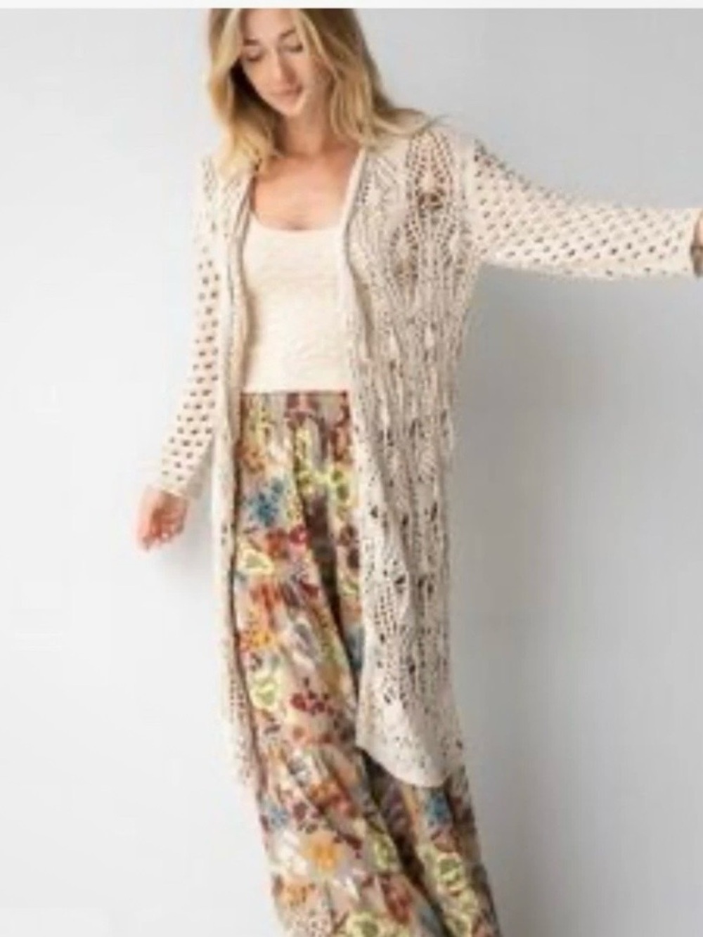 NATURAL LIFE Open-Knit Longline Cardigan - Cream